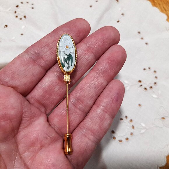 Vintage White Daffodil Stick Pin Retro Flower Jewelry Men Women Unisex - Picture 3 of 10